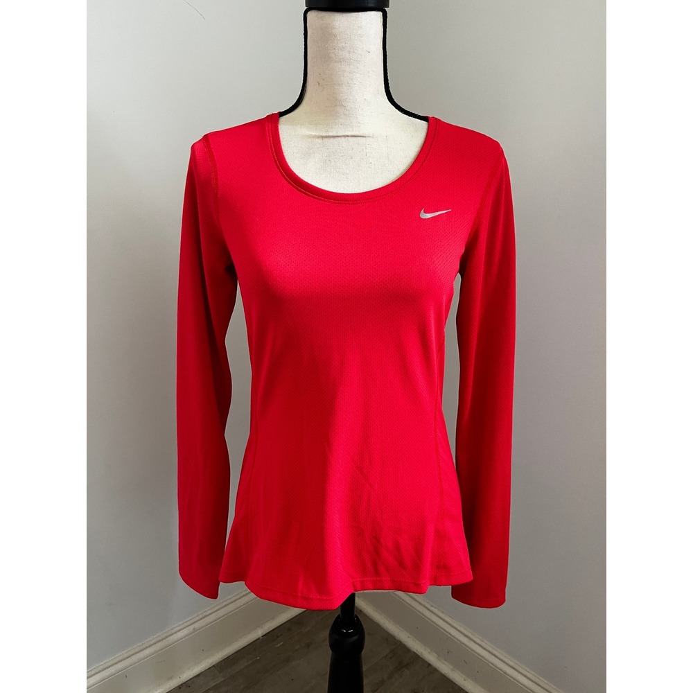 Nike Running Dri-FIT Red Shirt Small Long Sleeve Athletic Reflective Logo Sporty
